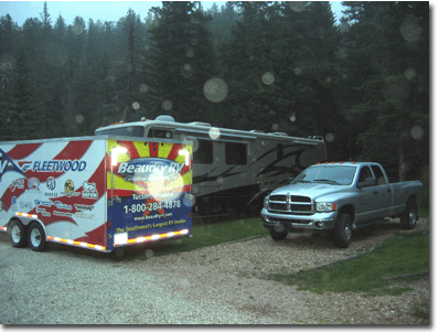 Campsite: motorhome, trailer, and the truck we drove home in
