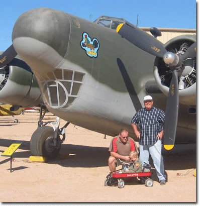 Gregory, Quentin, Me (the airplane is a Douglas B-18 "Bolo" bomber)