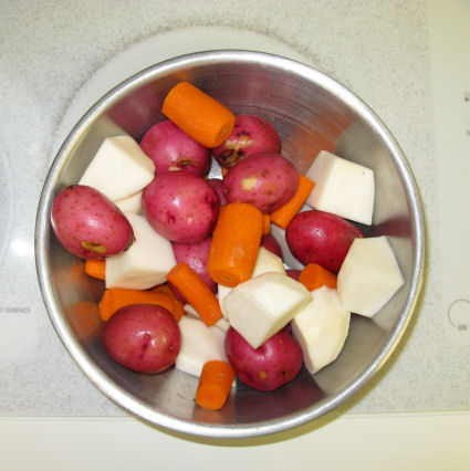 The vegetables (potato, carrot, turnip, onion)