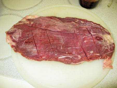 Flank steak showing scoring