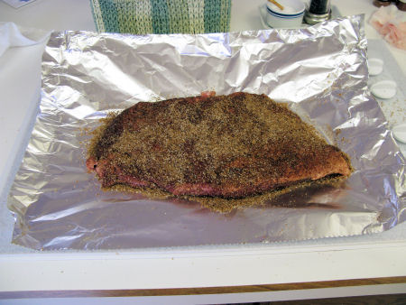 Brisket coated with home-made brown sugar/chili powder rub