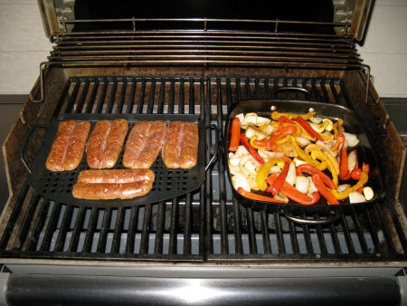 Grilling the sausage & vegetables