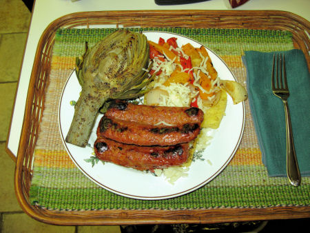 Grilled artichoke, polenta with onions & peppers, Italian sausage